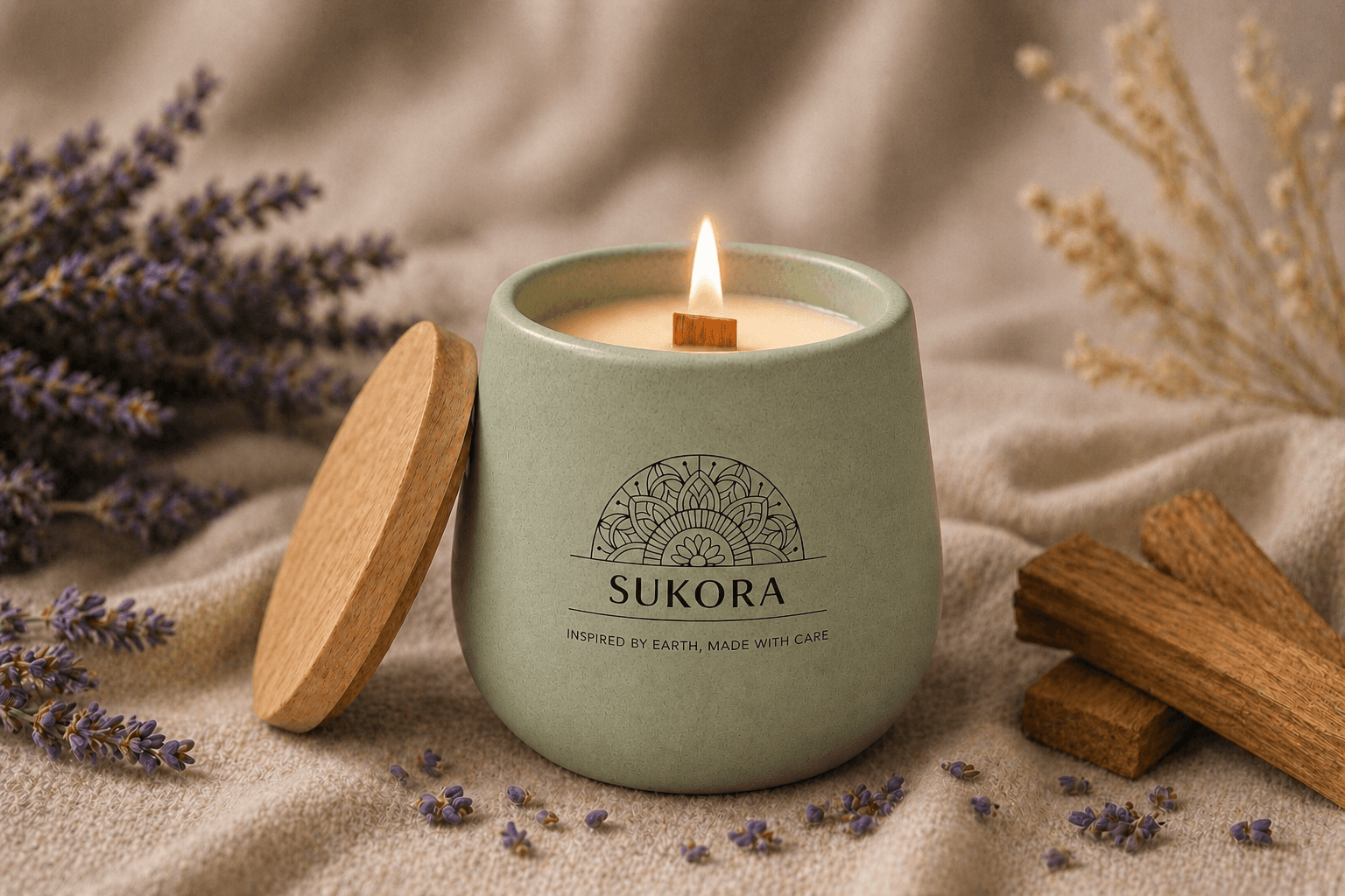 Sacred Calm — lavender and sandalwood candle in a sage green cemented jar