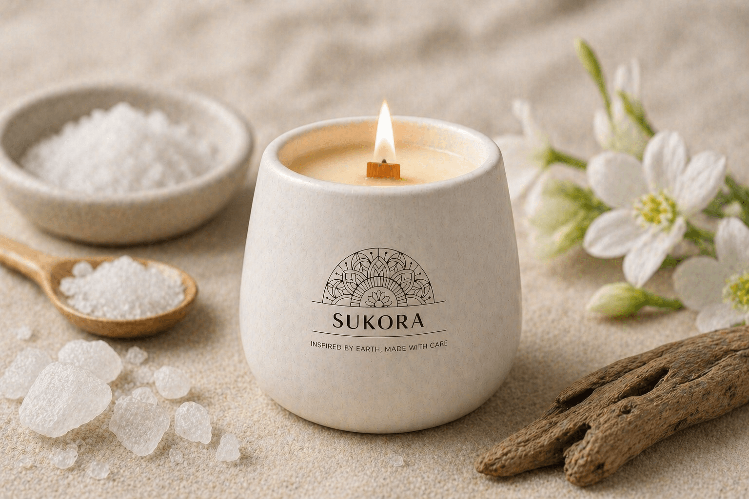 Sea Salt + White Musk — fresh sea salt and musk candle in an off-white cemented jar
