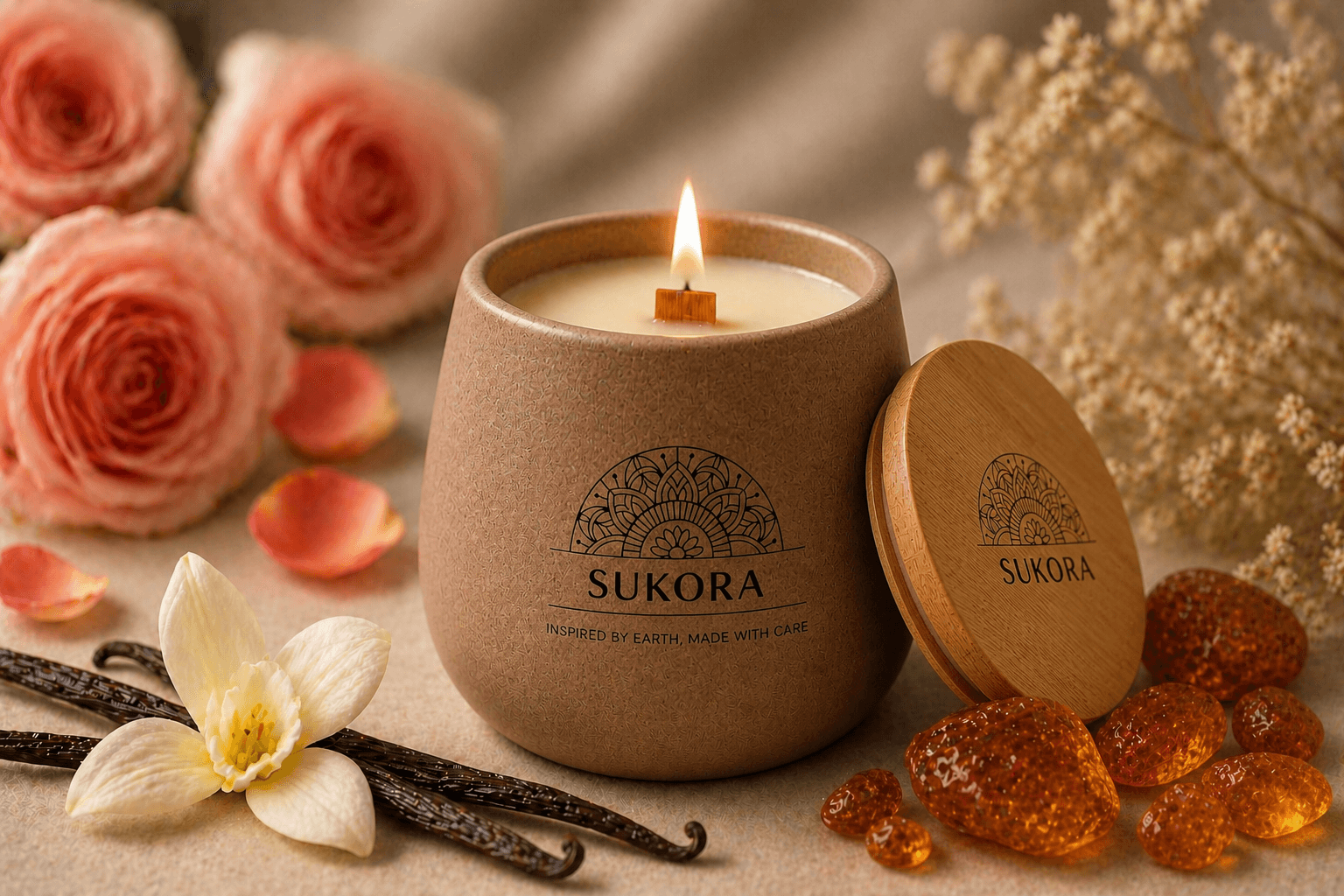Velvet Bloom — rose and vanilla candle in an earthy brown cemented jar