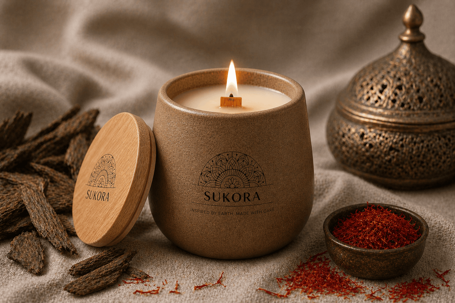 Royal Oud + Saffron — premium oud and saffron candle in an earthy brown cemented jar