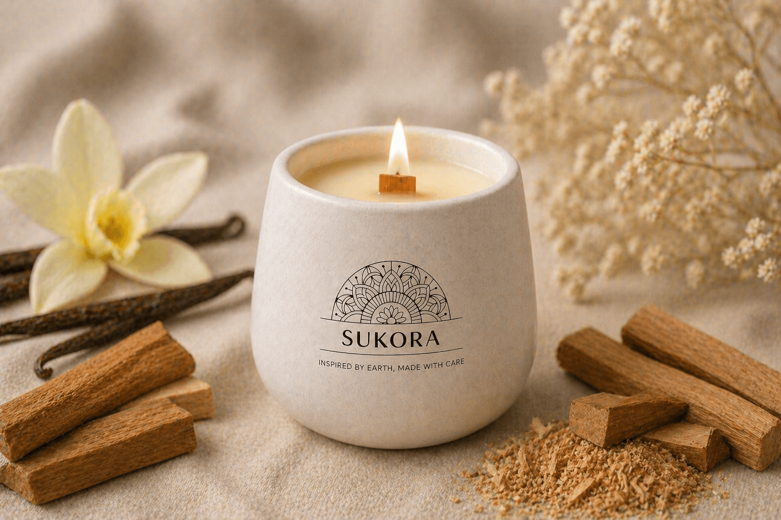 Santal Velour — luxury vanilla and sandalwood candle in an off-white cemented jar