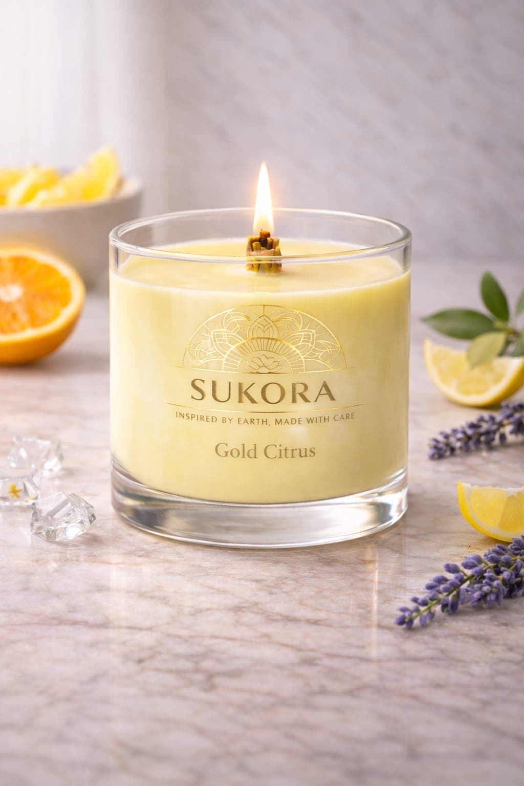 Gold Citrus — orange fragrance soy candle in a clear glass jar