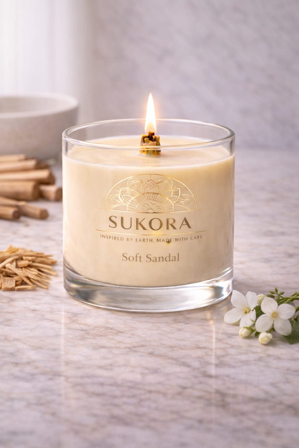 Soft Sandal — sandalwood soy candle in a clear glass jar