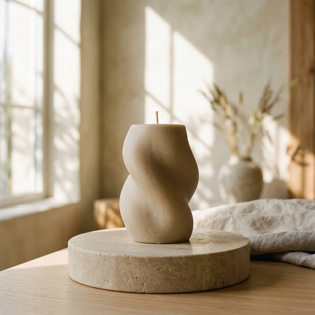 Minimalist sculptural candle on a stone pedestal