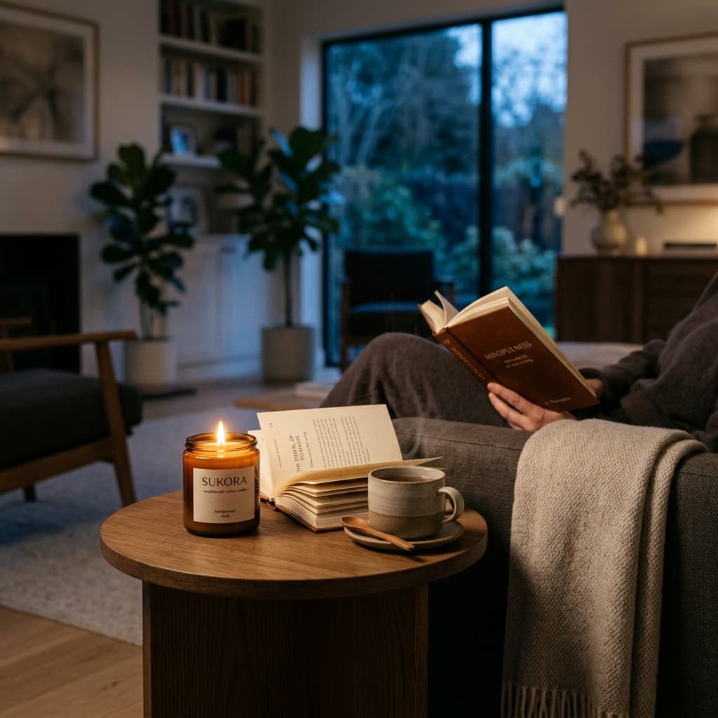 A lit candle in a calm room