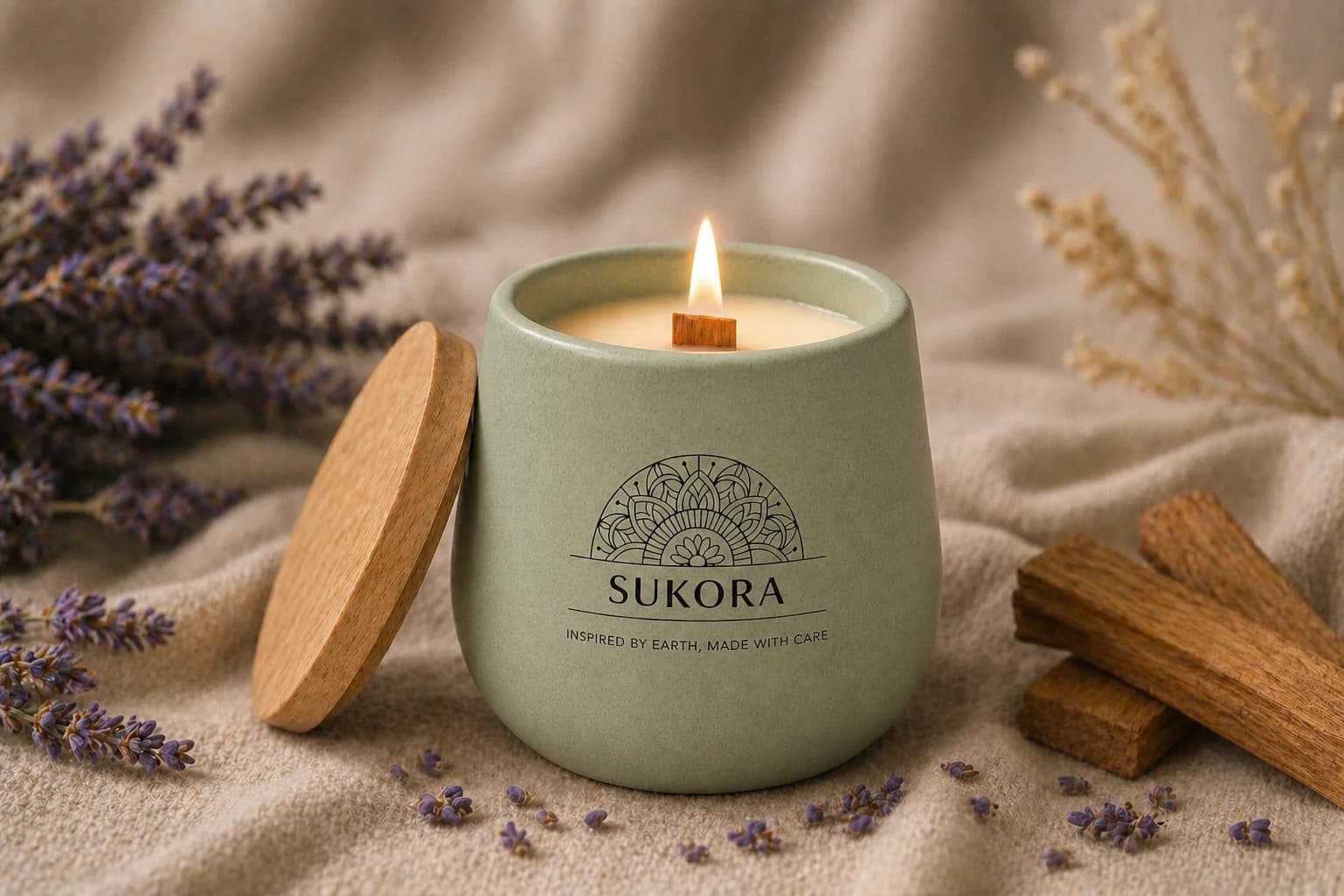 Sacred Calm — lavender and sandalwood candle in a sage green cemented jar