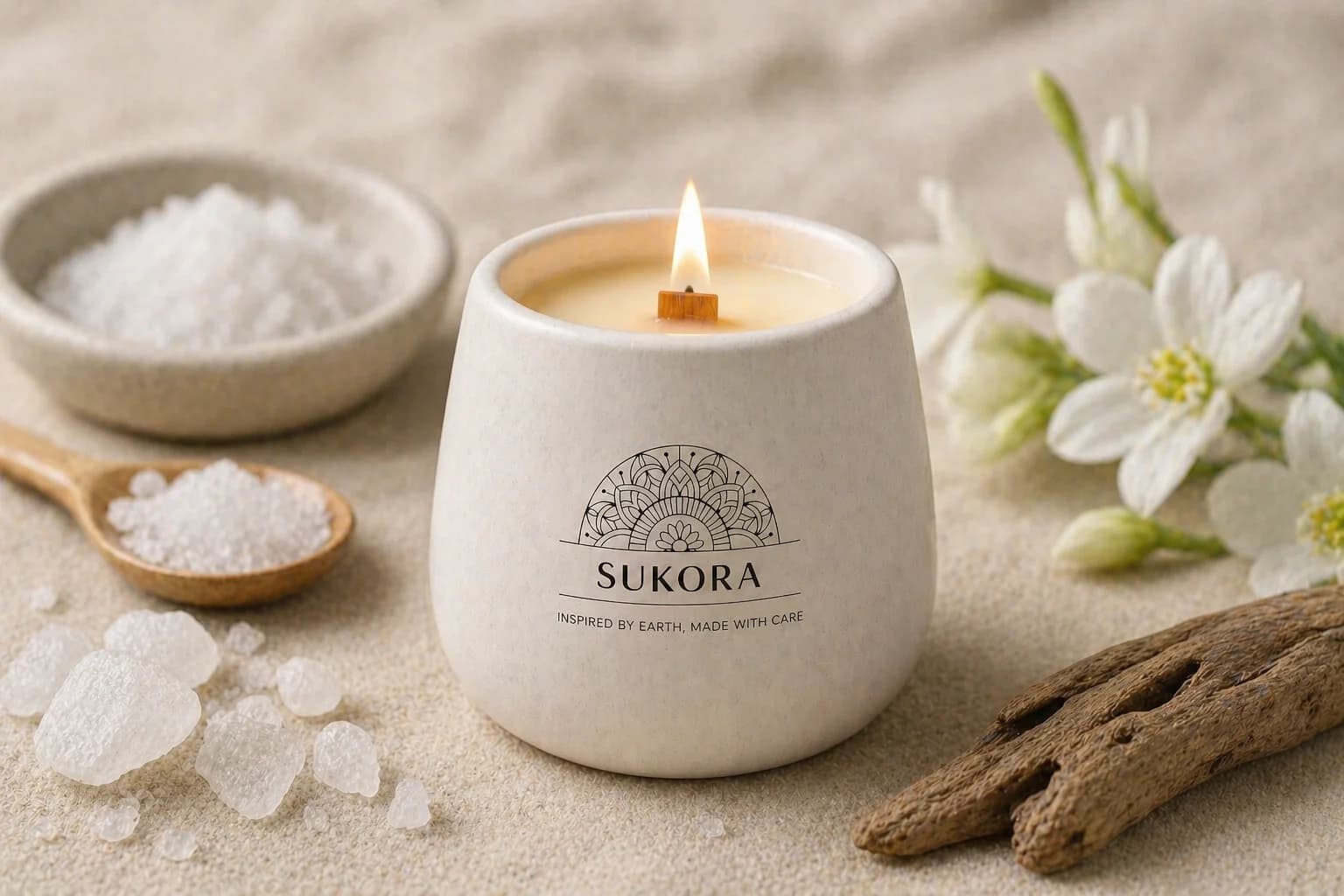 Sea Salt + White Musk — fresh sea salt and musk candle in an off-white cemented jar