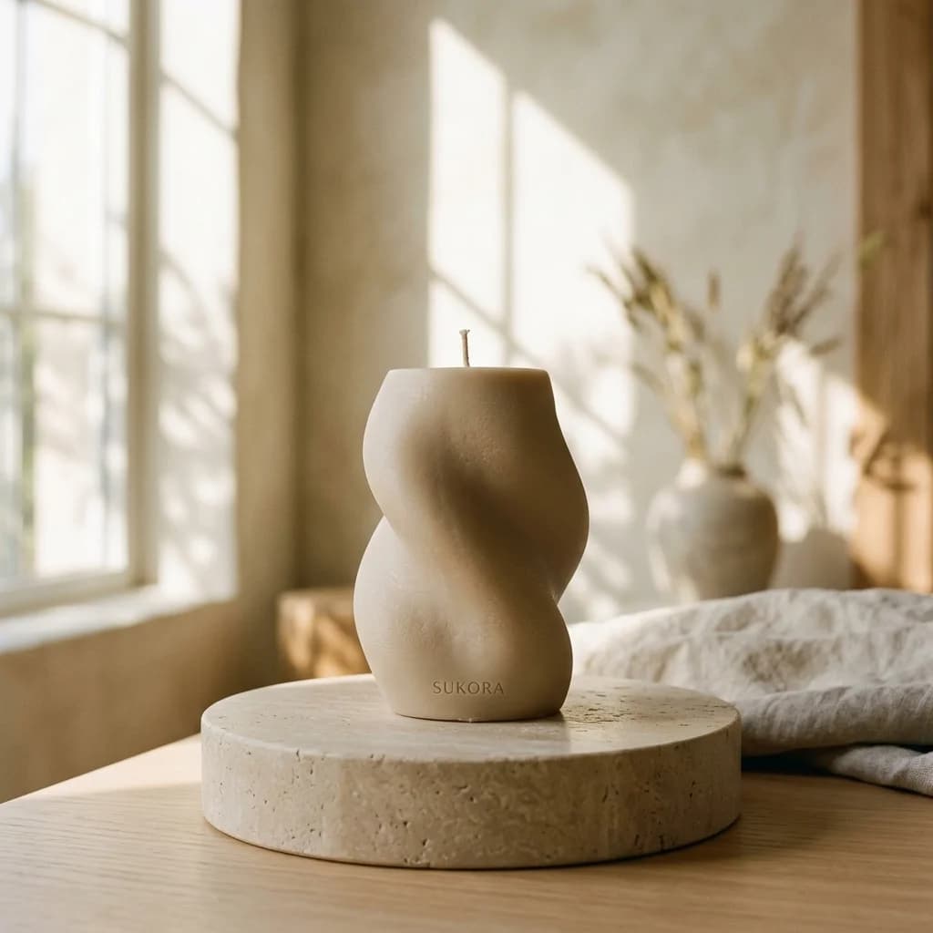 Minimalist sculptural candle on a stone pedestal